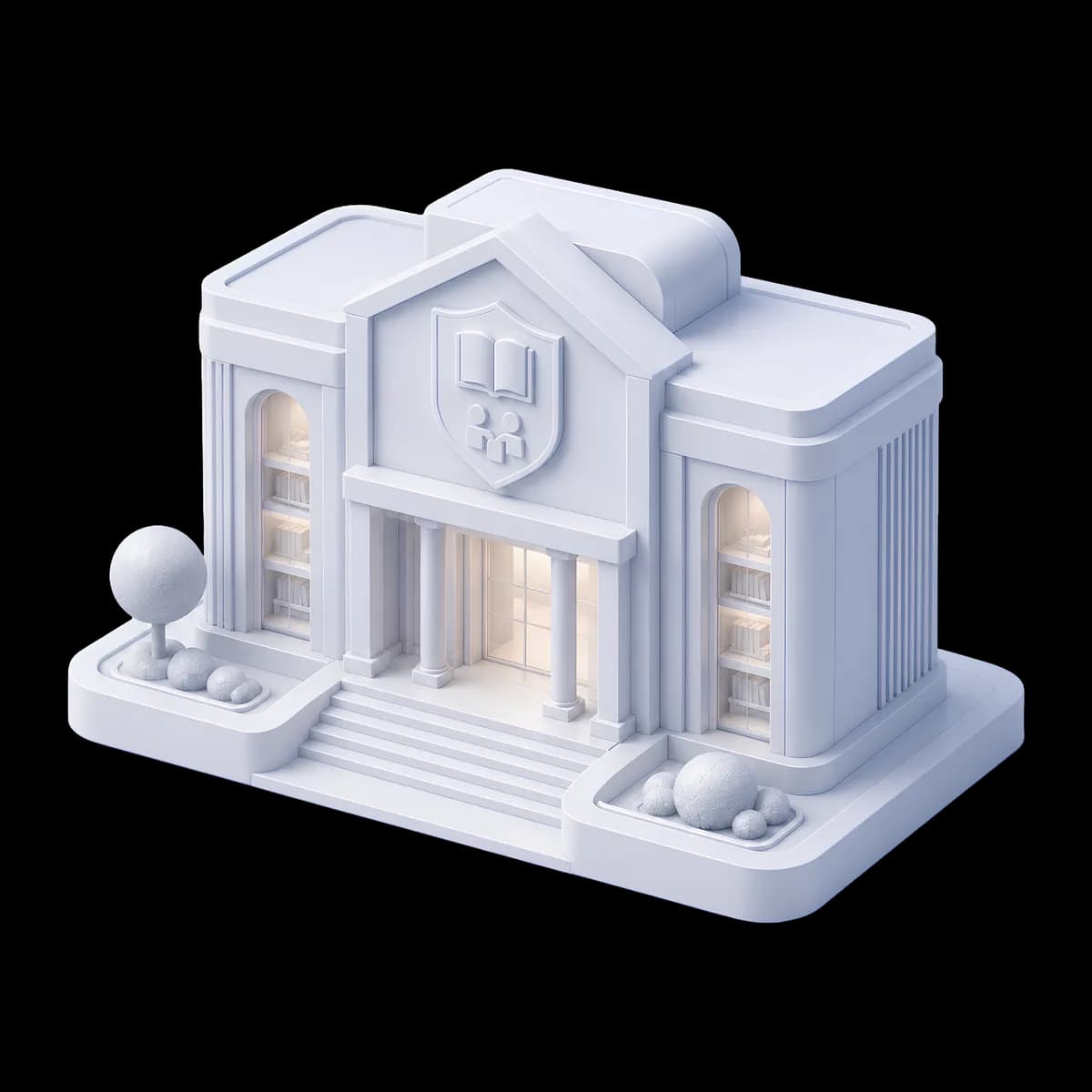 3D illustration of a campus library building with an open-book crest