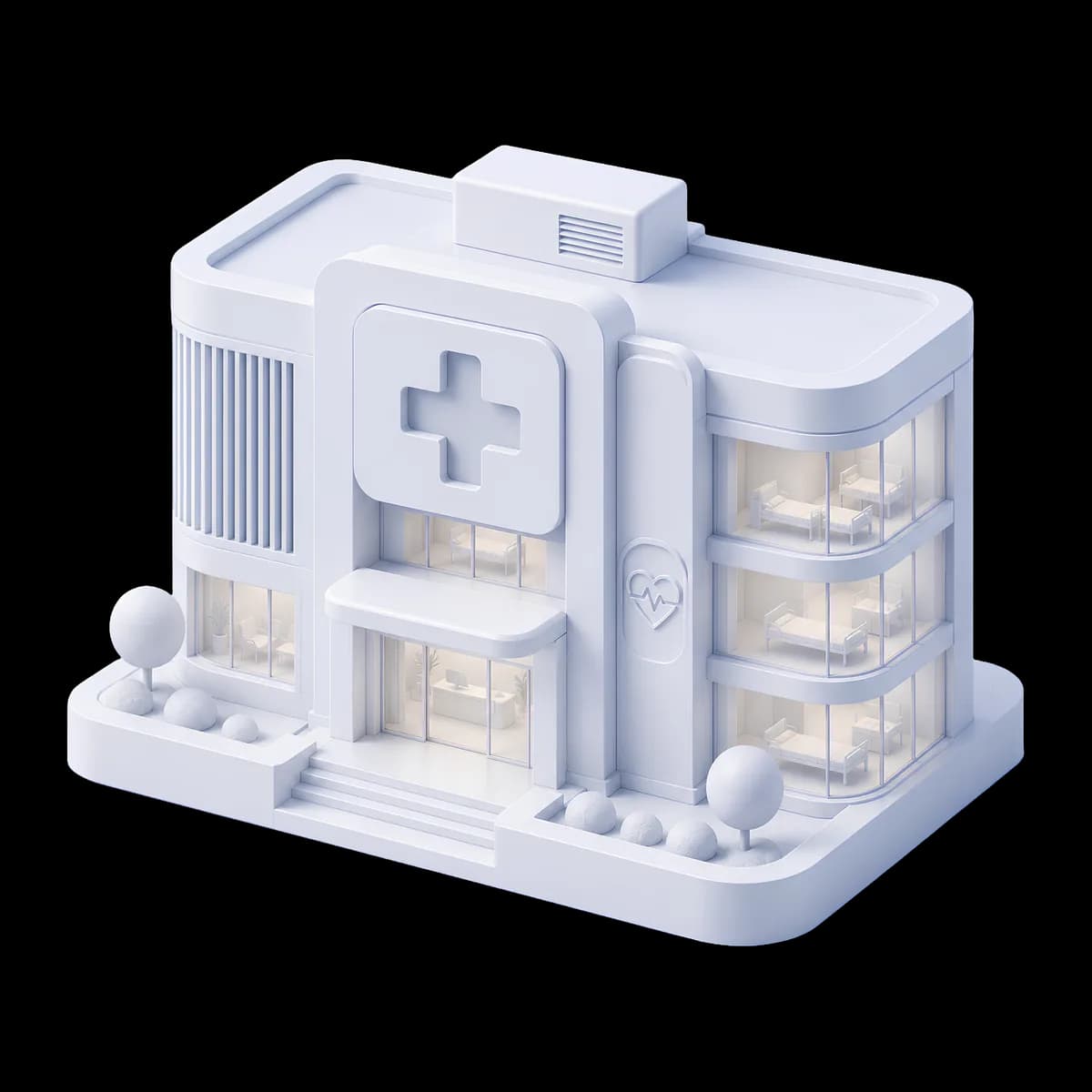 3D illustration of a clinic building with a medical cross