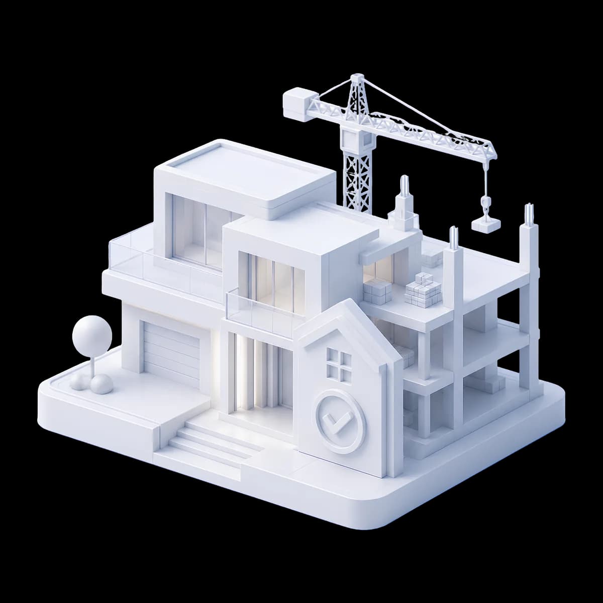 3D illustration of a modern house beside a build in progress with a tower crane