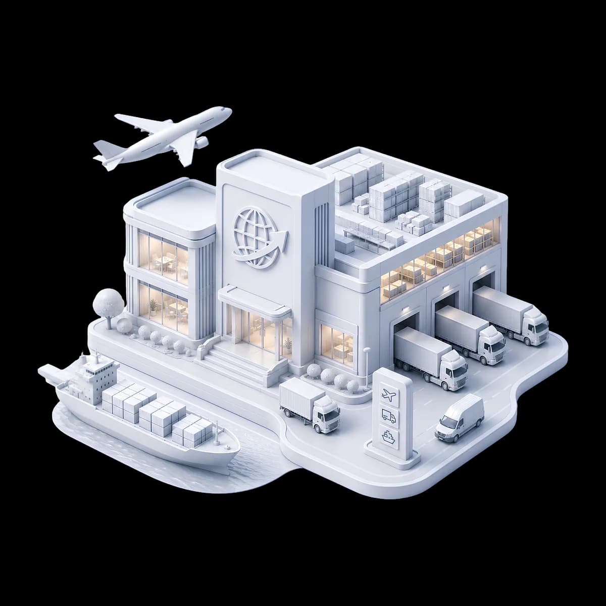 3D illustration of a logistics hub with a cargo plane, container ship, and trucks at loading docks