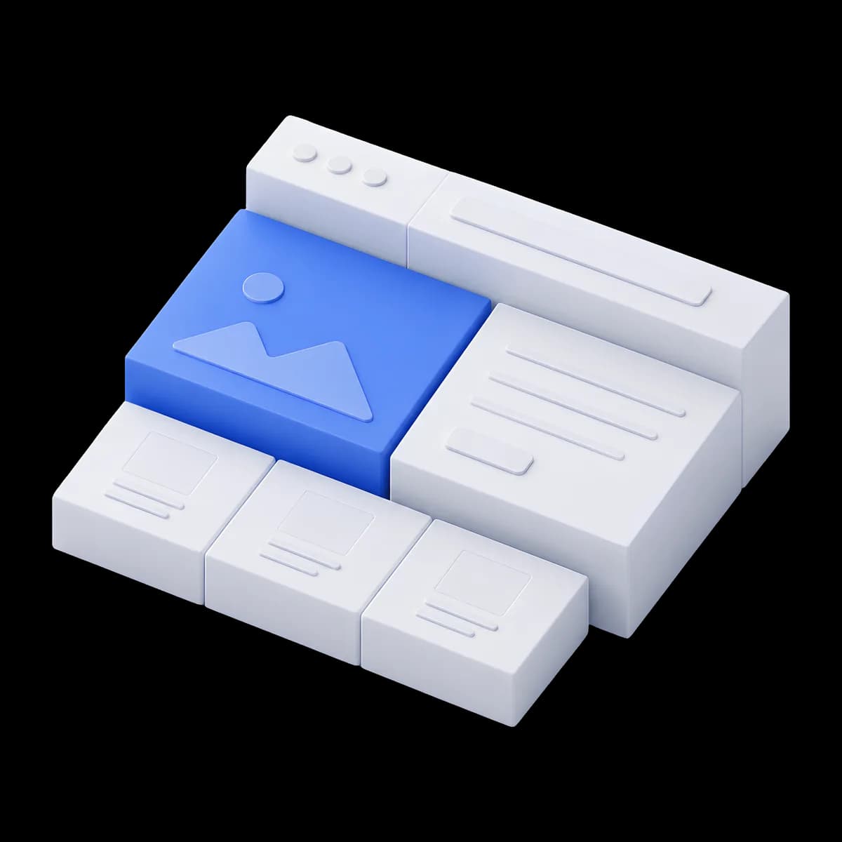 3D illustration of website layout blocks with a blue image tile